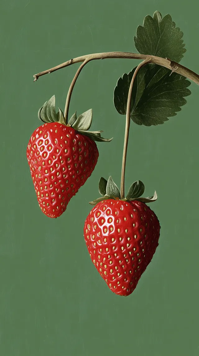 a couple of strawberries hanging from a branch