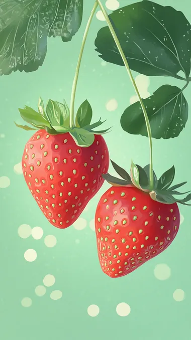Two strawberries hanging from a branch, against a green background. Photographic, high-definition, realistic style.