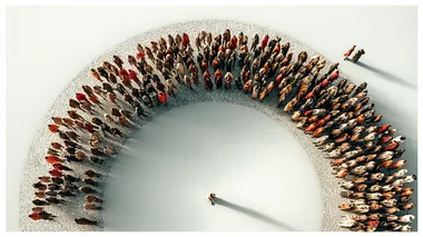 Top view of tiny people forming cirle groups, converging toward a center point, minimalist white background, aerial drone photography style, soft shadows, precise symmetrical composition, ultra-realistic texture, Sony A7R IV and 85mm f/1.4 lens