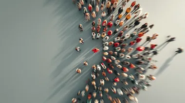 Top view of tiny people forming cirle groups, converging toward a center point, minimalist white background, aerial drone photography style, soft shadows, precise symmetrical composition, ultra-realistic texture, Sony A7R IV and 85mm f/1.4 lens
