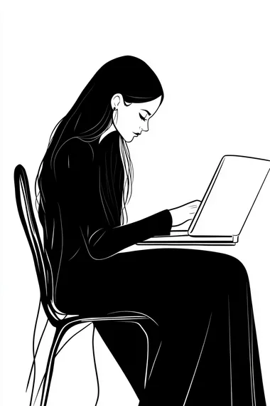 The High Priestess tarot card illustration, minimalist, white background, black and white illustration, line art, woman working on her laptop, business tarot card style