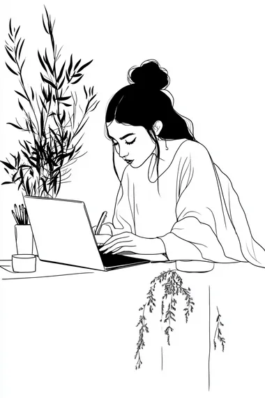 The High Priestess tarot card illustration, minimalist, white background, black and white illustration, line art, woman working on her laptop, business tarot card style
