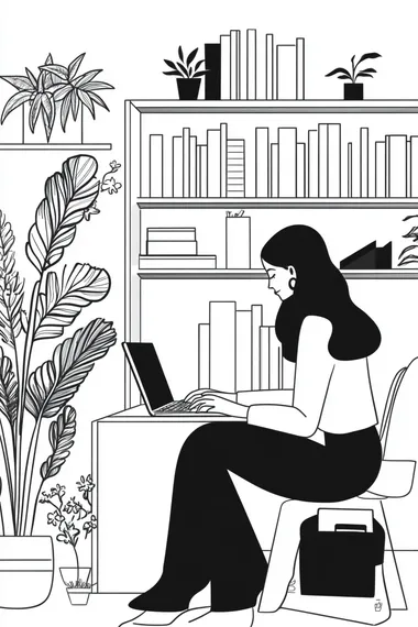 The High Priestess tarot card illustration, minimalist, white background, black and white illustration, line art, woman working on her laptop, business tarot card style