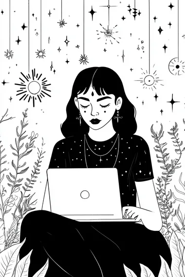 The High Priestess tarot card illustration, minimalist, white background, black and white illustration, line art, woman working on her laptop, business tarot card style