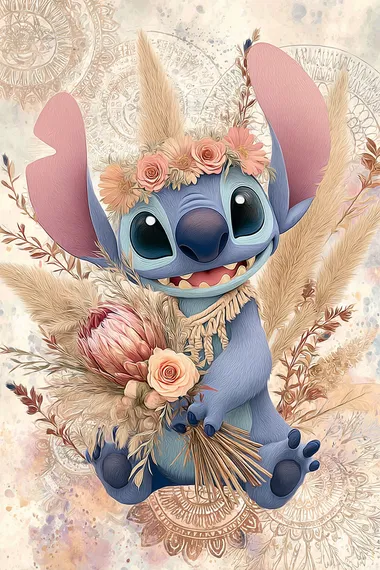 Stitch from Lilo & Stitch - small blue alien with large pink ears, expressive black eyes, mischievous grin. He is holding a boho-style bouquet with soft roses, pampas grass, and wildflowers in earthy tones. Stitch is wearing a delicate flower crown, and his outfit has subtle bohemian touches like macram details. The background is soft and dreamy, featuring pastel earthy tones and natural elements like feathers and mandalas. Whimsical and artistic, watercolor style illustration, suitable for children's party designs or character cards. Full body, no other characters.   --raw
