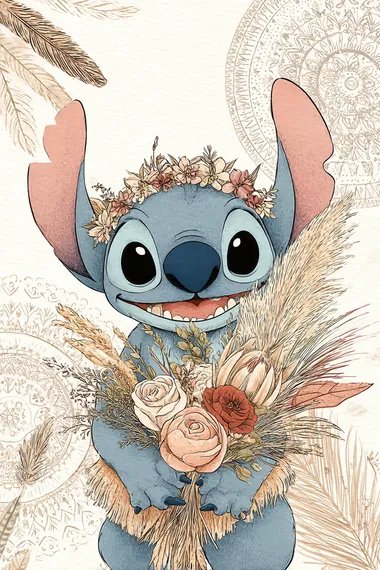 Stitch from Lilo & Stitch - small blue alien with large pink ears, expressive black eyes, mischievous grin. He is holding a boho-style bouquet with soft roses, pampas grass, and wildflowers in earthy tones. Stitch is wearing a delicate flower crown, and his outfit has subtle bohemian touches like macram details. The background is soft and dreamy, featuring pastel earthy tones and natural elements like feathers and mandalas. Whimsical and artistic, watercolor style illustration, suitable for children's party designs or character cards. Full body, no other characters.   --raw