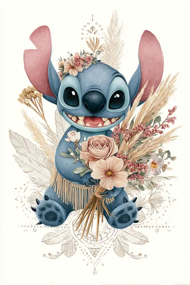 Stitch from Lilo & Stitch - small blue alien with large pink ears, expressive black eyes, mischievous grin. He is holding a boho-style bouquet with soft roses, pampas grass, and wildflowers in earthy tones. Stitch is wearing a delicate flower crown, and his outfit has subtle bohemian touches like macram details. The background is soft and dreamy, featuring pastel earthy tones and natural elements like feathers and mandalas. Whimsical and artistic, watercolor style illustration, suitable for children's party designs or character cards. Full body, no other characters.   --raw