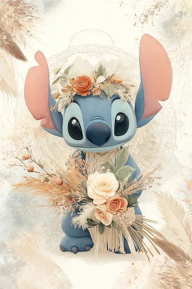 Stitch from Lilo & Stitch - small blue alien with large pink ears, expressive black eyes, mischievous grin. He is holding a boho-style bouquet with soft roses, pampas grass, and wildflowers in earthy tones. Stitch is wearing a delicate flower crown, and his outfit has subtle bohemian touches like macram details. The background is soft and dreamy, featuring pastel earthy tones and natural elements like feathers and mandalas. Whimsical and artistic, watercolor style illustration, suitable for children's party designs or character cards. Full body, no other characters.   --raw