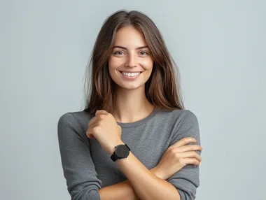 Girl at waist smiling. shows a black colored wristwatch on her hand. White background