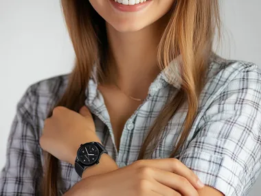Girl at waist smiling. shows a black colored wristwatch on her hand. White background