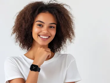Girl at waist smiling. shows a black colored wristwatch on her hand. White background