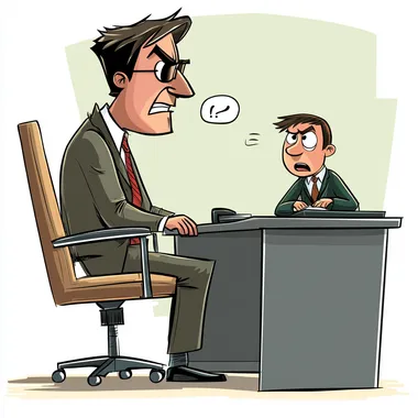 cartoon, an executive manager sitting in his chair at the desk is threatening a young worker to fire him in the office, young worker is standing with his head bowed and slightly scared