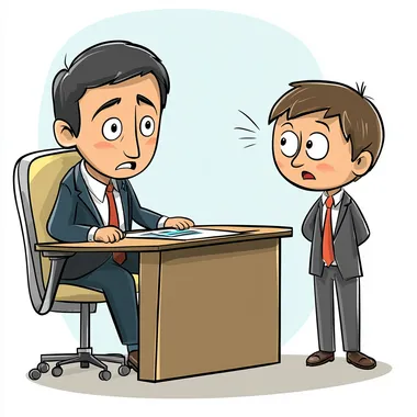 cartoon, an executive manager sitting in his chair at the desk is threatening a young worker to fire him in the office, young worker is standing with his head bowed and slightly scared