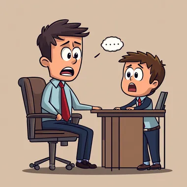 cartoon, an executive manager sitting in his chair at the desk is threatening a young worker to fire him in the office, young worker is standing with his head bowed and slightly scared