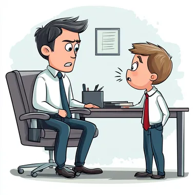 cartoon, an executive manager sitting in his chair at the desk is threatening a young worker to fire him in the office, young worker is standing with his head bowed and slightly scared
