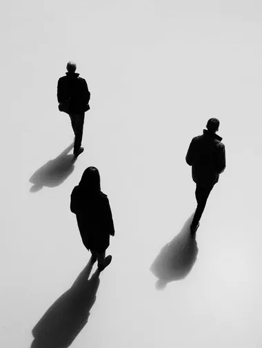 Three people walking on a white floor, shadows, wearing black clothes and contrasting with the background, no shadow, white clean background, Looking at different places, one person is in agony  rofile eo8b66r