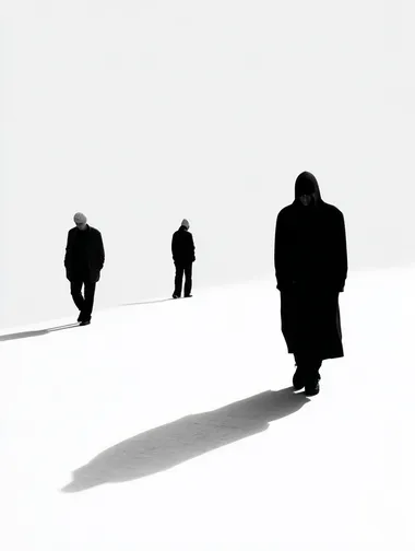 Three people walking on a white floor, shadows, wearing black clothes and contrasting with the background, no shadow, white clean background, Looking at different places, one person is in agony  rofile eo8b66r