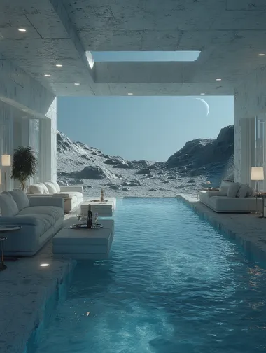 A super luxurious open-air villa with pool, sofas, champagne, giant screens, on the surface of the moon. " Surrealism, advertising creativity. Motion blur, stills, artistry. 8K.HD.Super detail,  --s 250