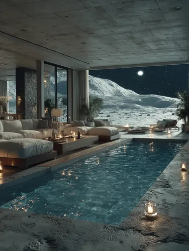 A super luxurious open-air villa with pool, sofas, champagne, giant screens, on the surface of the moon. " Surrealism, advertising creativity. Motion blur, stills, artistry. 8K.HD.Super detail,  --s 250