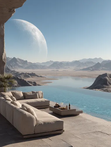 A super luxurious open-air villa with pool, sofas, champagne, giant screens, on the surface of the moon. " Surrealism, advertising creativity. Motion blur, stills, artistry. 8K.HD.Super detail,  --s 250