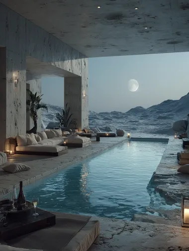 A super luxurious open-air villa with pool, sofas, champagne, giant screens, on the surface of the moon. " Surrealism, advertising creativity. Motion blur, stills, artistry. 8K.HD.Super detail,  --s 250