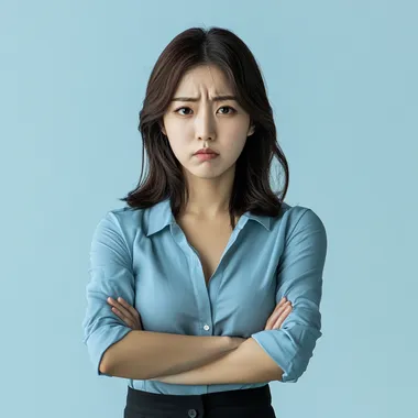 a Korean woman on her 30s, looks unhappy and worried, full body shot image from head to waist, for advertisement, remove background