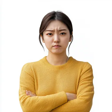 a Korean woman on her 30s, looks unhappy and worried, full body shot image from head to waist, for advertisement, remove background