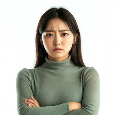 a Korean woman on her 30s, looks unhappy and worried, full body shot image from head to waist, for advertisement, remove background