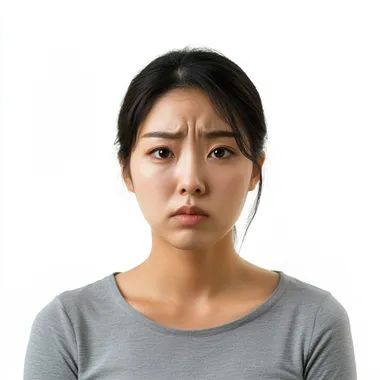 a Korean woman on her 30s, looks unhappy and worried, full body shot image from head to waist, for advertisement, remove background