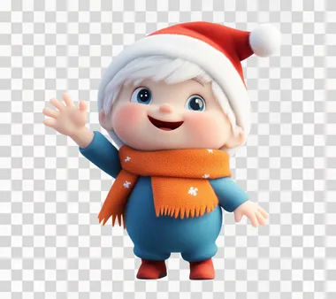 A cute baby dressed in Christmas , smiling and waving their hand at the camera. The character is wearing an orange scarf around their neck with blue pajamas underneath it. They have white hair and wear a red hat on top of their head. Isolated on a clean background, high resolution.