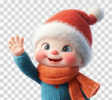 A cute baby dressed in Christmas , smiling and waving their hand at the camera. The character is wearing an orange scarf around their neck with blue pajamas underneath it. They have white hair and wear a red hat on top of their head. Isolated on a clean background, high resolution.