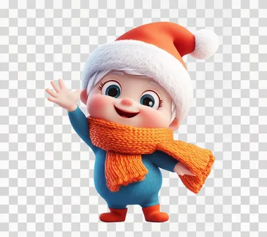 A cute baby dressed in Christmas , smiling and waving their hand at the camera. The character is wearing an orange scarf around their neck with blue pajamas underneath it. They have white hair and wear a red hat on top of their head. Isolated on a clean background, high resolution.