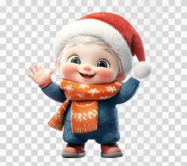 A cute baby dressed in Christmas , smiling and waving their hand at the camera. The character is wearing an orange scarf around their neck with blue pajamas underneath it. They have white hair and wear a red hat on top of their head. Isolated on a clean background, high resolution.