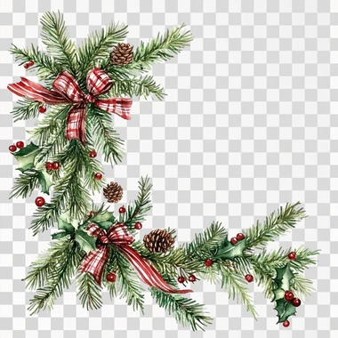 Christmas corners made of green delicate Christmas tree branches decorated with Christmas plants and bows, plenty of space for text inside, white isolated background, watercolor
