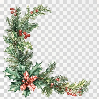 Christmas corners made of green delicate Christmas tree branches decorated with Christmas plants and bows, plenty of space for text inside, white isolated background, watercolor