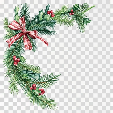 Christmas corners made of green delicate Christmas tree branches decorated with Christmas plants and bows, plenty of space for text inside, white isolated background, watercolor
