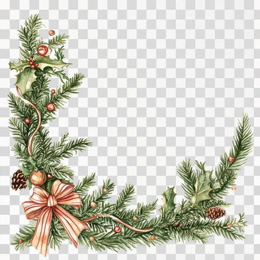 Christmas corners made of green delicate Christmas tree branches decorated with Christmas plants and bows, plenty of space for text inside, white isolated background, watercolor