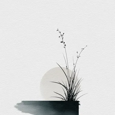 A simple, minimalist drawing with a small piece of grass on a white background. The illustration uses a black and gray color scheme, with clean, simple lines reminiscent of Chinese ink painting and line art. The overall style is a flat, vector-based design with minimal details.