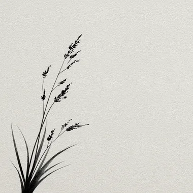 A simple, minimalist drawing with a small piece of grass on a white background. The illustration uses a black and gray color scheme, with clean, simple lines reminiscent of Chinese ink painting and line art. The overall style is a flat, vector-based design with minimal details.
