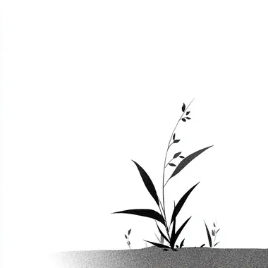 A simple, minimalist drawing with a small piece of grass on a white background. The illustration uses a black and gray color scheme, with clean, simple lines reminiscent of Chinese ink painting and line art. The overall style is a flat, vector-based design with minimal details.