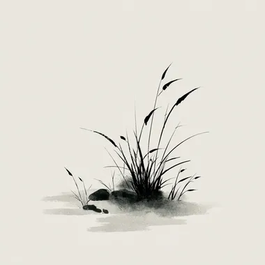 A simple, minimalist drawing with a small piece of grass on a white background. The illustration uses a black and gray color scheme, with clean, simple lines reminiscent of Chinese ink painting and line art. The overall style is a flat, vector-based design with minimal details.