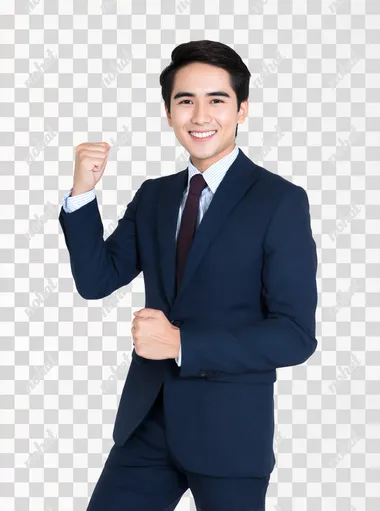 a handsome and smart young Japanese businessman in his 20s, wearing a navy blue suit, smiling confidently and looking directly at the camera, making a fist pump gesture with one hand, visible from upper thighs up, no background, vertical photo   rofile s4yj9zv