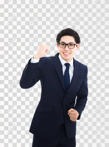 a handsome and smart young Japanese businessman in his 20s, wearing a navy blue suit, smiling confidently and looking directly at the camera, making a fist pump gesture with one hand, visible from upper thighs up, no background, vertical photo   rofile s4yj9zv