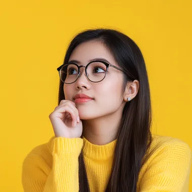a filipina virtual assistant, wearing yellow sweater clothes, thinking, yellow background --s 50