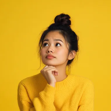 a filipina virtual assistant, wearing yellow sweater clothes, thinking, yellow background --s 50