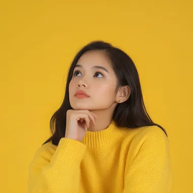 a filipina virtual assistant, wearing yellow sweater clothes, thinking, yellow background --s 50