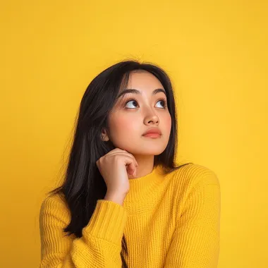 a filipina virtual assistant, wearing yellow sweater clothes, thinking, yellow background --s 50