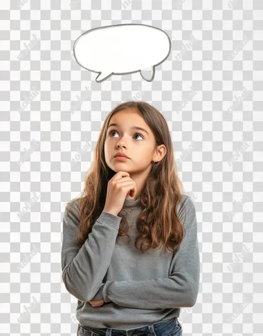 A girl is thinking, with her hand on her chin and an empty speech bubble above her head, isolated on a white background. Detailed, photographic stock image.
