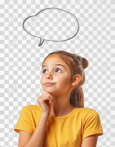 A girl is thinking, with her hand on her chin and an empty speech bubble above her head, isolated on a white background. Detailed, photographic stock image.