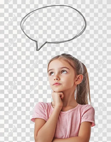 A girl is thinking, with her hand on her chin and an empty speech bubble above her head, isolated on a white background. Detailed, photographic stock image.